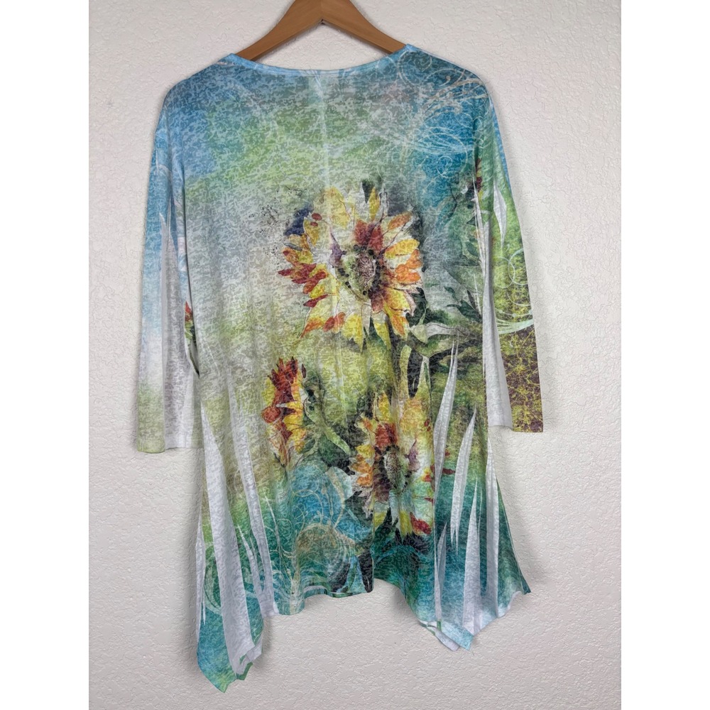 Jess & Jane Sunflower Rhinestone Sharkbite Tunic Top Sz Large Blue Green Boho - Picture 5 of 8